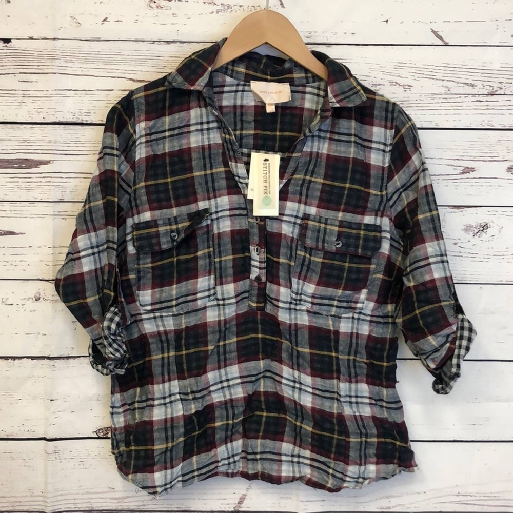 Stitch‎ Fix SKIES ARE BLUE plaid roll up sleeve button pullover 100% cotton M